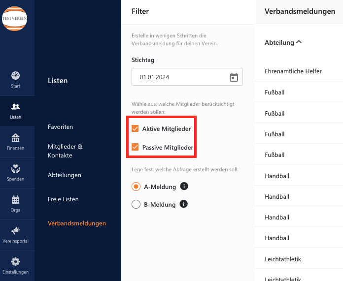 Aktive und passive Mitglieder in der Verbandsmeldung