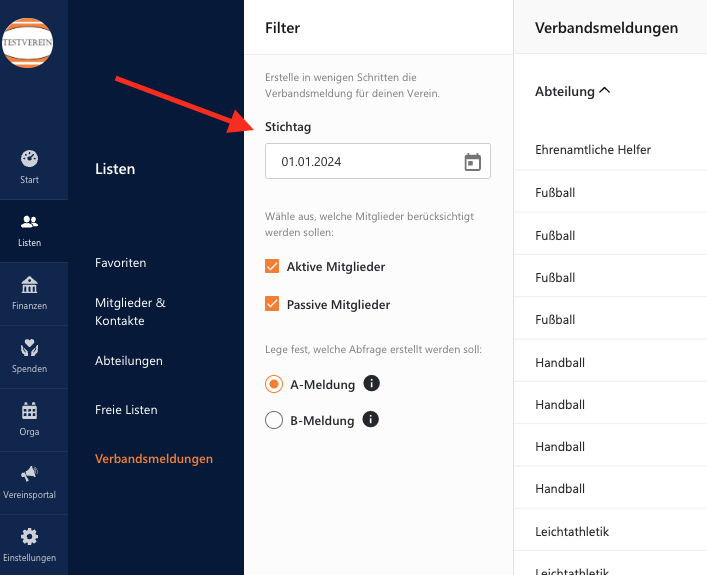 Stichtag Verbandsmeldung WISO MeinVerein Web