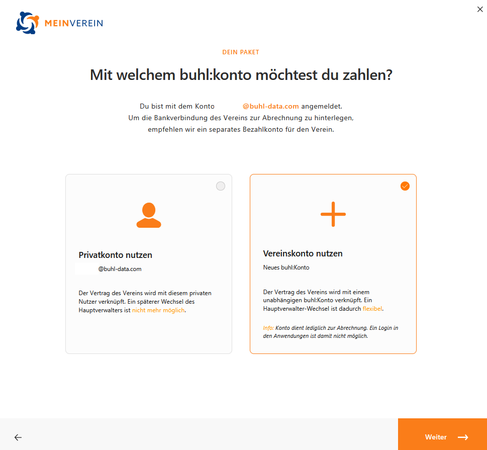 Abschluss Vertrag - Welches buhl:Konto soll verwendet werden?