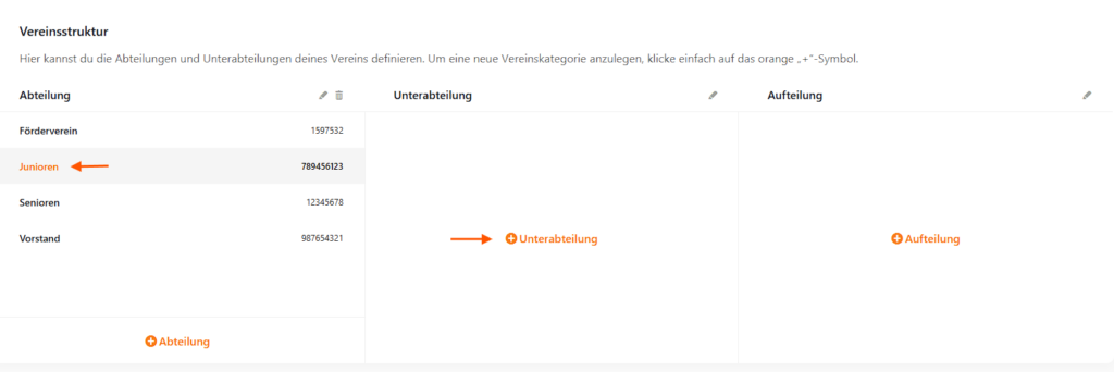 MeinVerein Vereinsstruktur Unterabteilung anlegen Bild 1