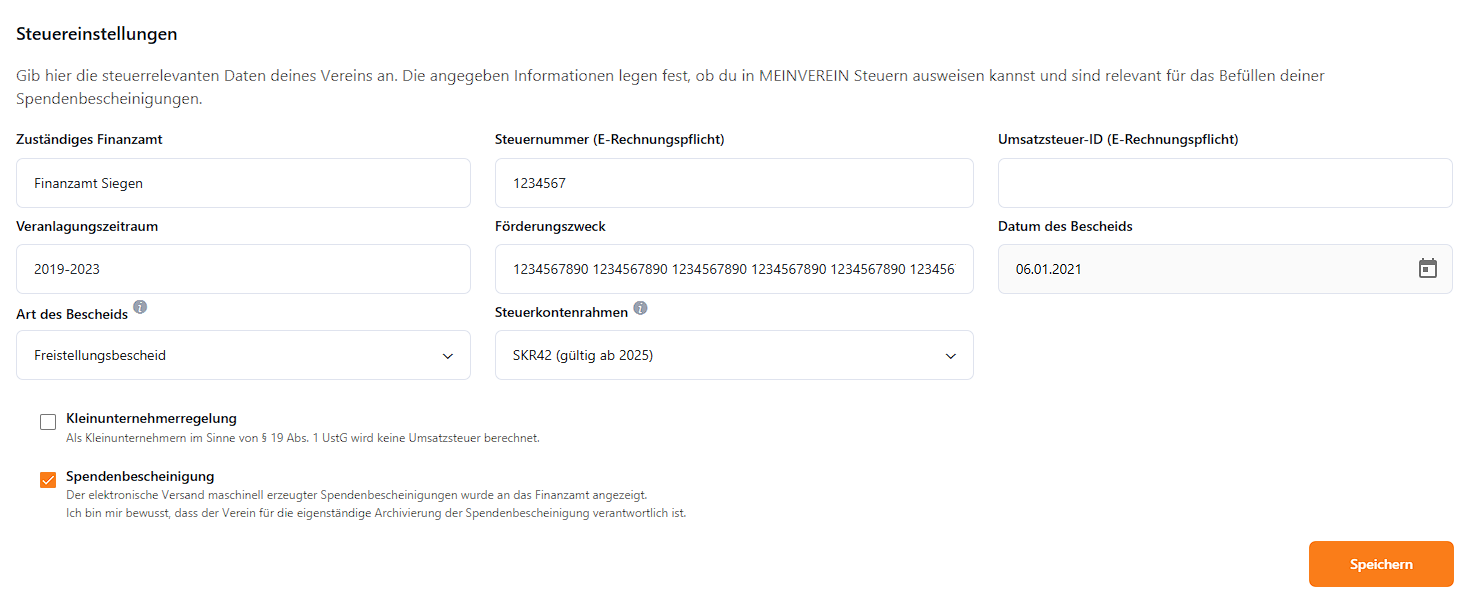MeinVerein Steuereinstellungen
