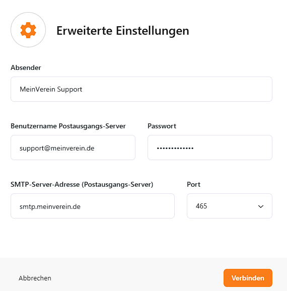 Abbildung 2: MeinVerein E-Mail-Einstellungen - Versand über eigenen Server