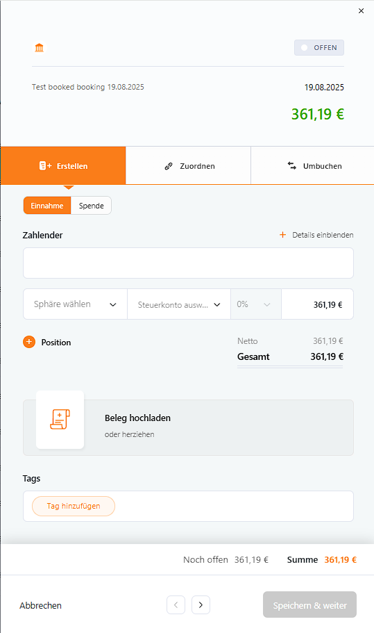 TAGs aus Umsatz heraus einem Beleg zuordnen 