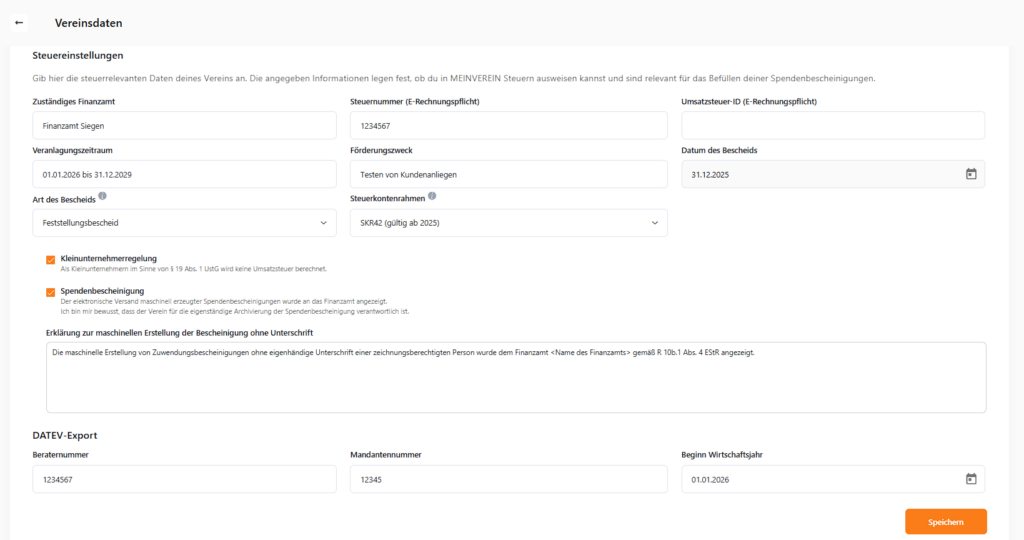 MeinVerein Steuereinstellungen