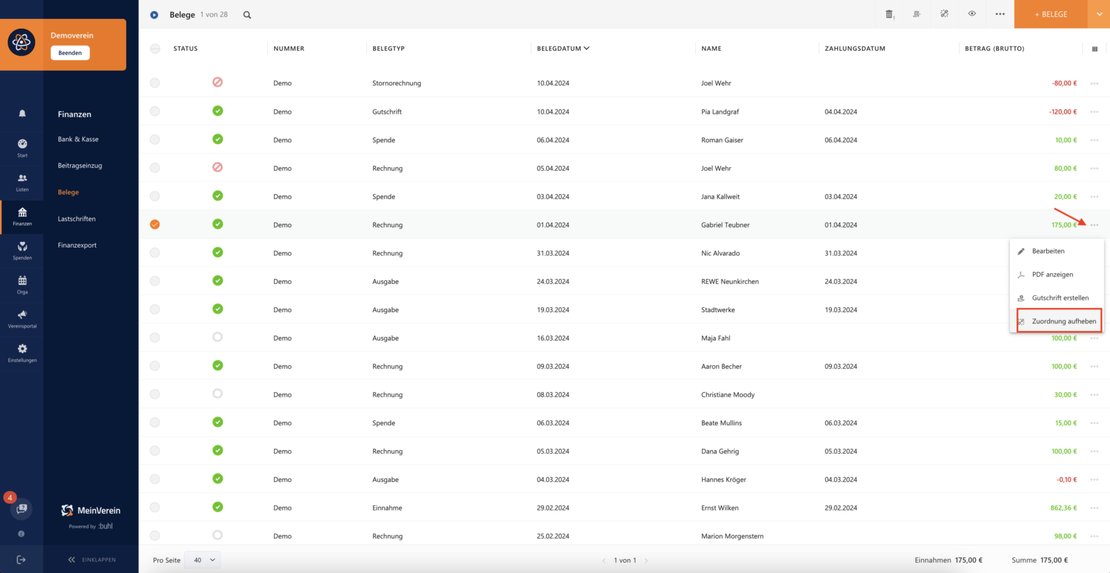 Zuordnung des Belegs aufheben WISO MeinVerein Web