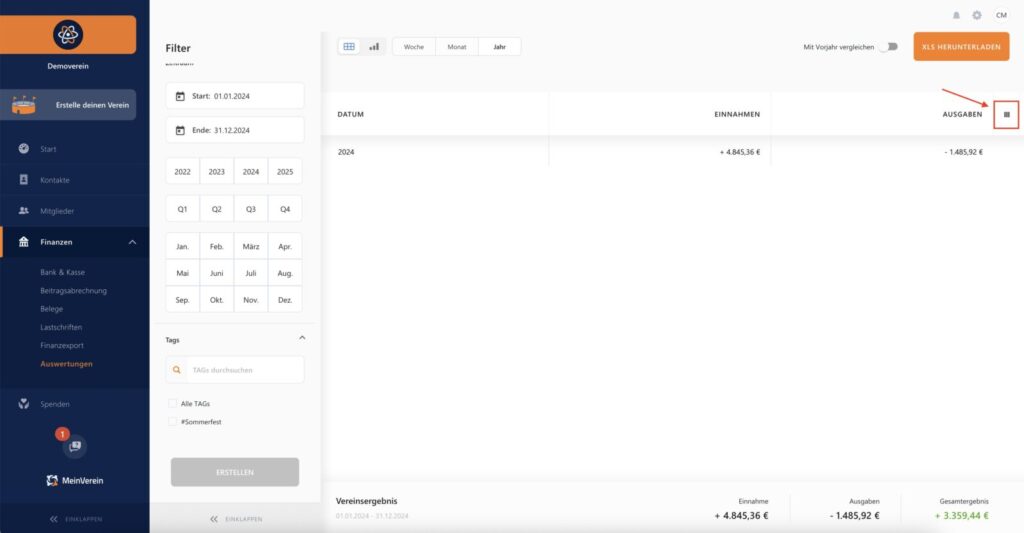Spalteneinstellungen in Auswertungen nutzen in WISO MeinVerein Web