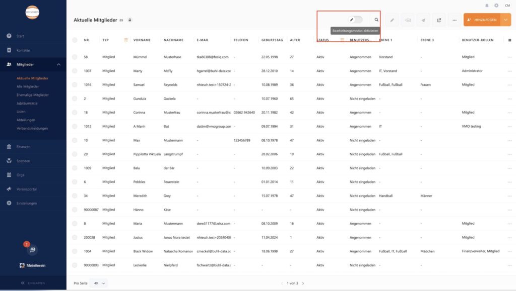 Bearbeitungsmodus WISO MeinVerein Web
