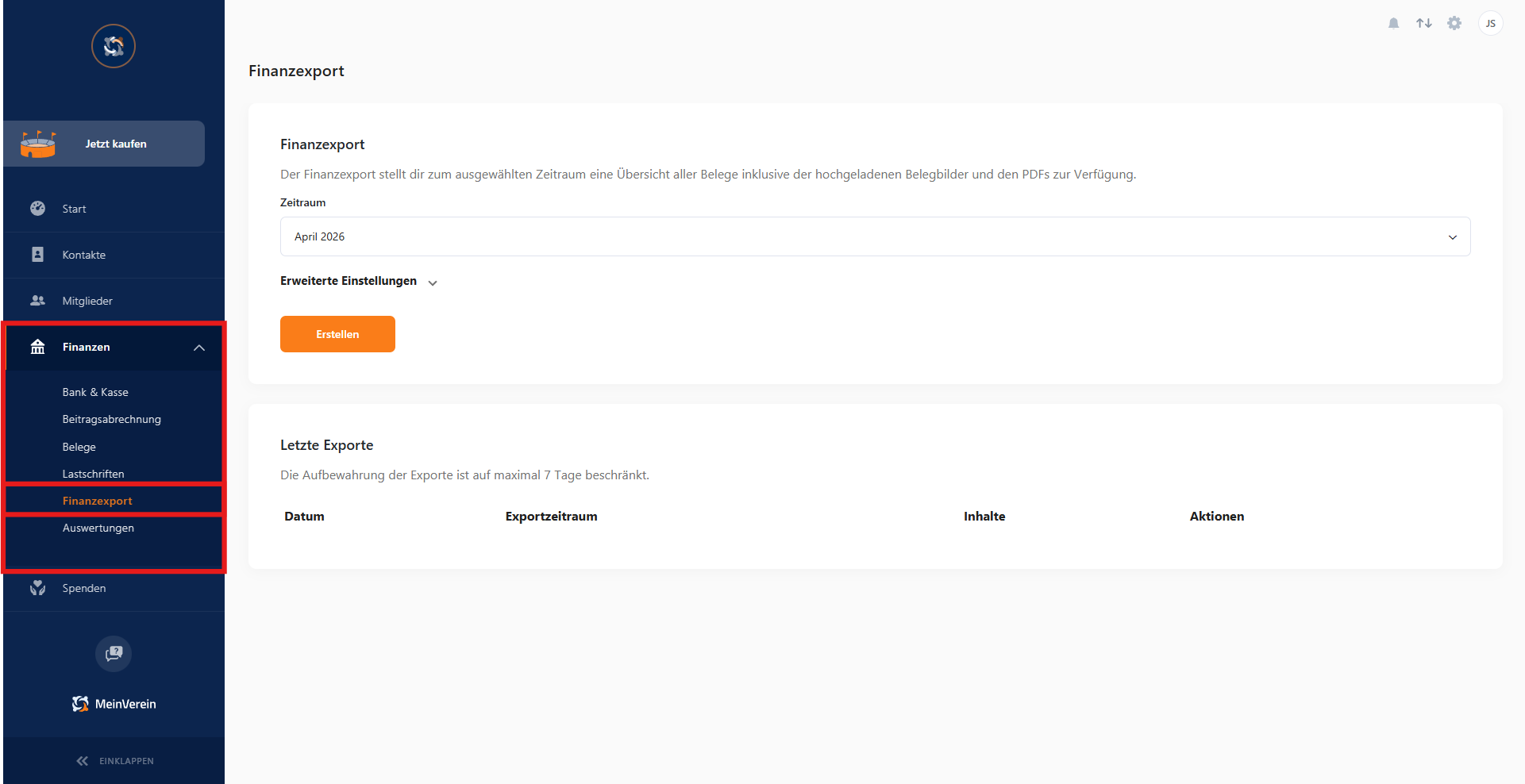 Finanzexport aufrufen